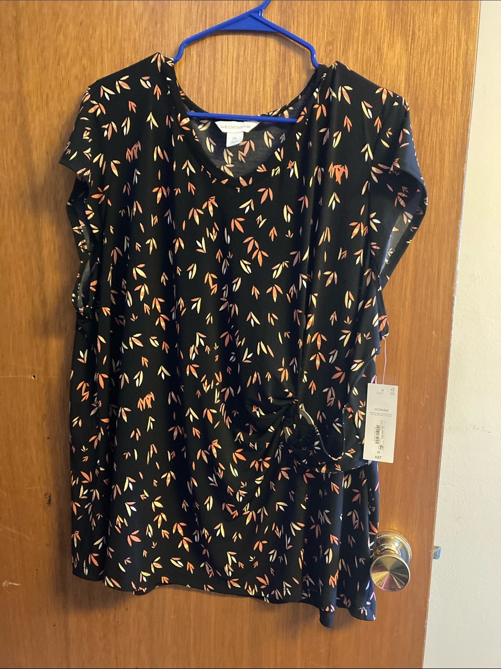 Liz Claiborne Black Blouse with Coral & Cream Leaf Print